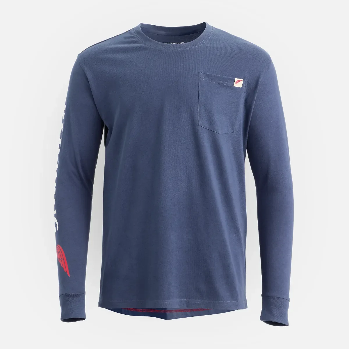 Långärmad T-shirt med ficka och tryck på ärmen – herr-T-shirt i marinblått