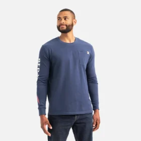 Långärmad T-shirt med ficka och tryck på ärmen – herr-T-shirt i marinblått