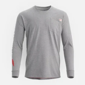 Långärmad T-shirt med ficka och tryck på ärmen – herr-T-shirt i melerad grå