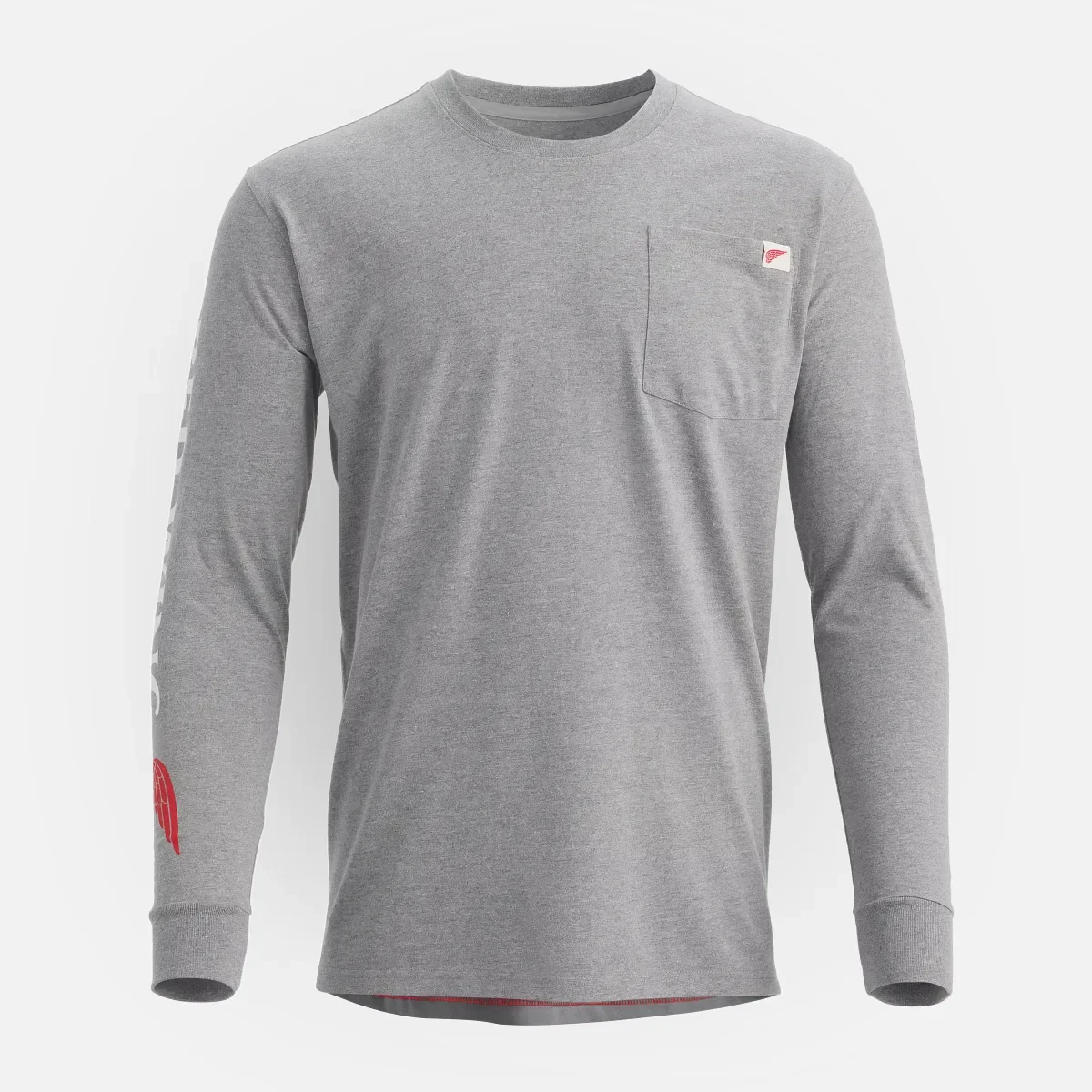 Långärmad T-shirt med ficka och tryck på ärmen – herr-T-shirt i melerad grå
