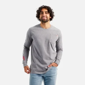 Långärmad T-shirt med ficka och tryck på ärmen – herr-T-shirt i melerad grå