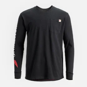 Långärmad T-shirt med ficka och tryck på ärmen – herr-T-shirt i svart