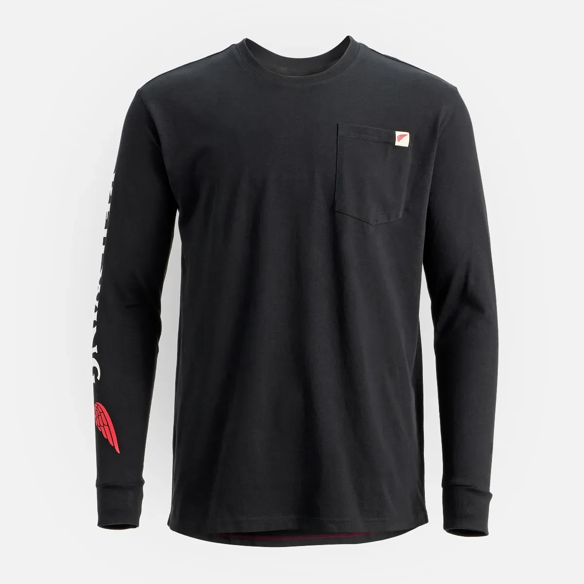 Långärmad T-shirt med ficka och tryck på ärmen – herr-T-shirt i svart