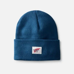 Stickad mössa med logotyp, unisex Stickad mössa med uppvikt kant i blått