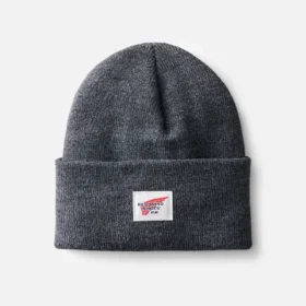 Stickad mössa med logotyp, unisex, stickad mössa med uppvikt kant i mörkgrå melerad