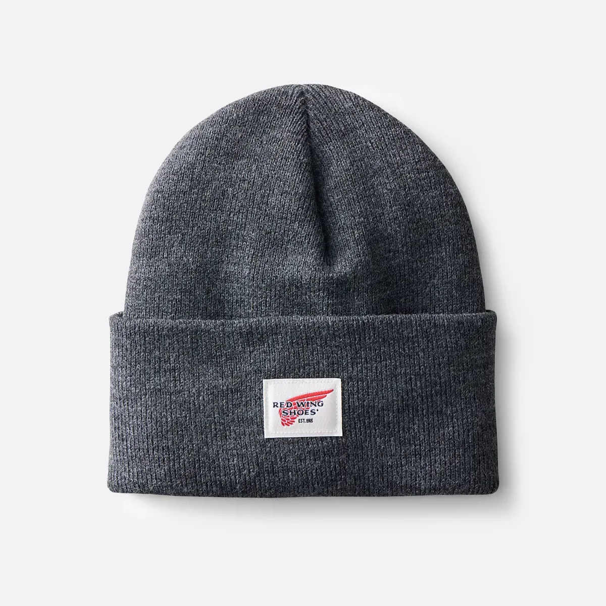 Stickad mössa med logotyp, unisex, stickad mössa med uppvikt kant i mörkgrå melerad